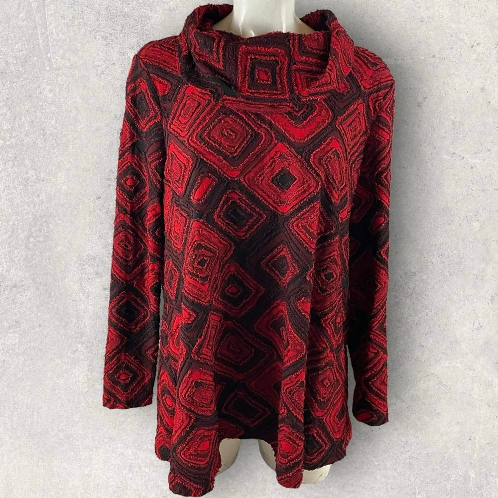 Ali Miles Sweater Womens Large Red Black Cowl Sleeve Art To Wear A99 - Picture 1 of 12